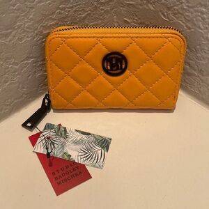 Badgley Mischka Zip Around Coin Purse Walley Yellow Quilted Vegan Leather NWT